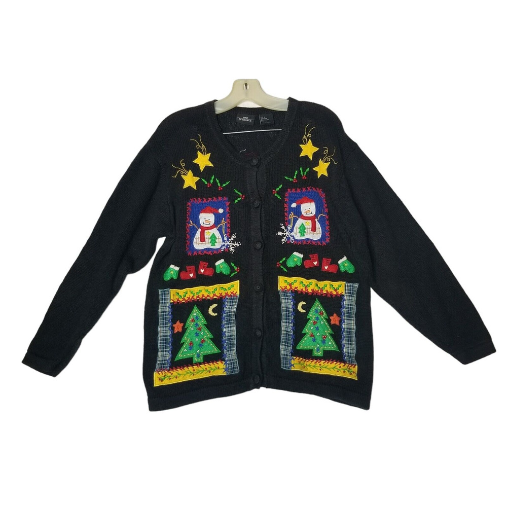 One Resource Womens Ugly Christmas Tree Sweater Cardigan Snowman Large
